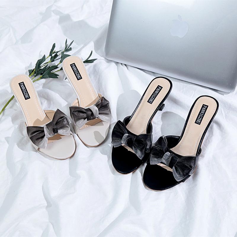 Rhinestone Transparent High Heel Bow Sandals 2024 Summer New Style Goddess Thin Heel Fashion Half Slippers for Outwear