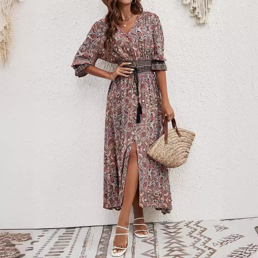 Cotton Positioning Printed Seven-Sleeve Girdle Bohemian Women's Dress Vacation Breasted Beach Dress