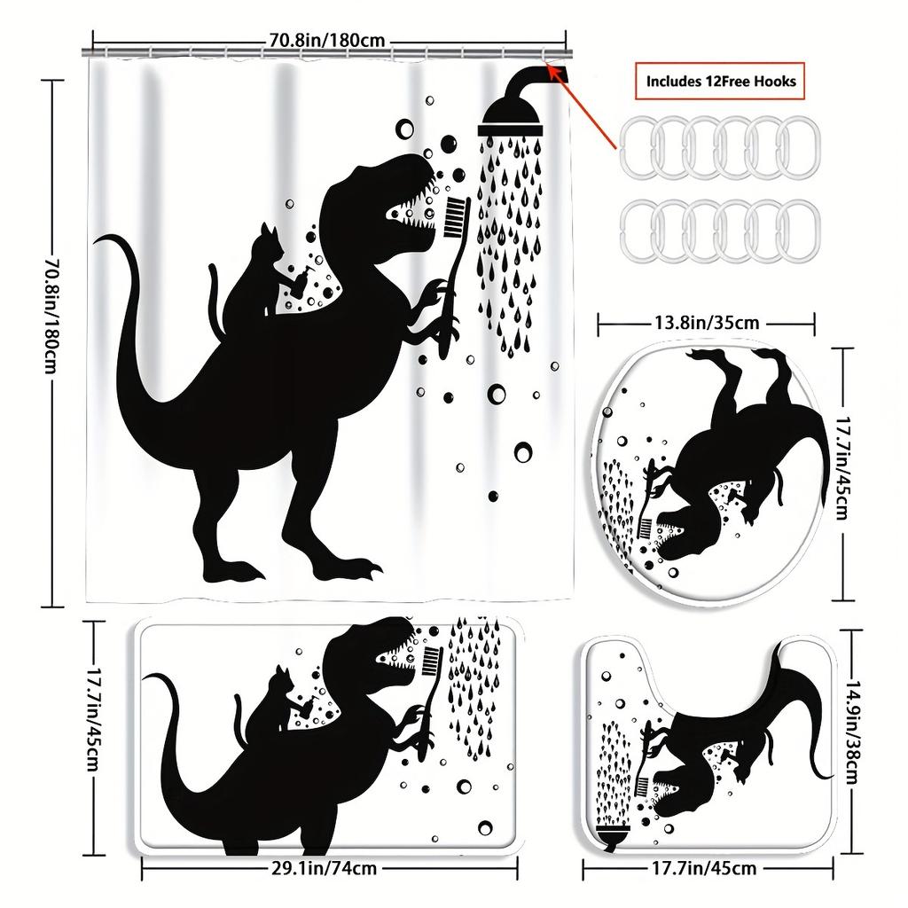 4pcs Funny Dinosaur Shower Curtain Suit, Shower Curtain Suit with Non-slip Bath Mat, Toilet Lid, U-shaped Carpet