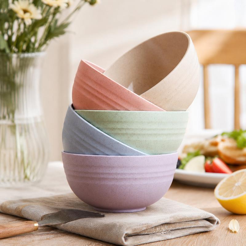 4Pcs Wheat Straw Bowl Set Unbreakable Plastic Bowls Fruit Salad Bowl Microwave Dishwasher Safe Home Kitchen Daily Use