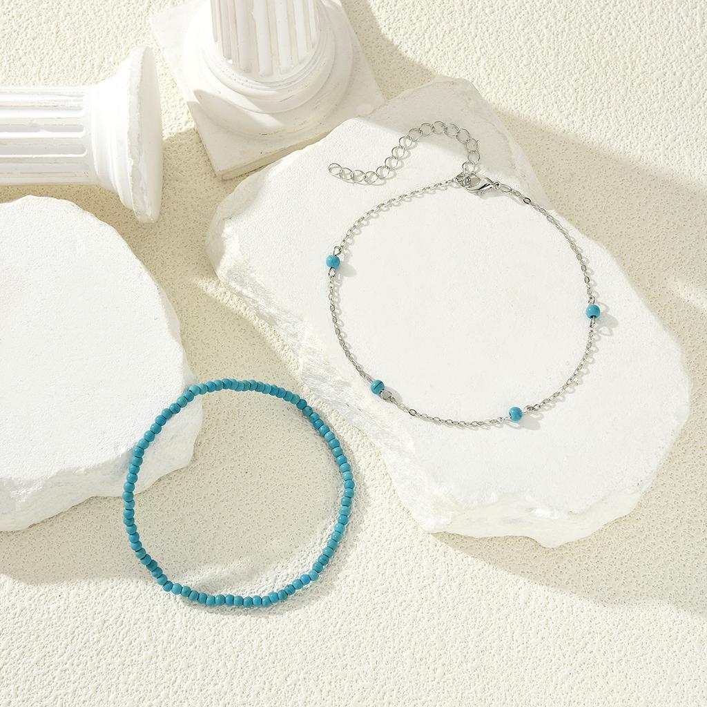 2 PCS Summer Beach Turquoise Rice Beads Anklet for Women Vintage Bohemian Silver Color Foot Chain Fashion Female Seaside Jewelry