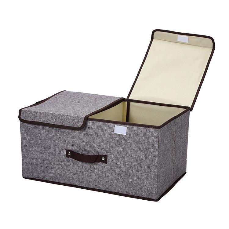 Foldable Cotton & Linen Double-Lid Storage Box with Handle for Clothes and Pants