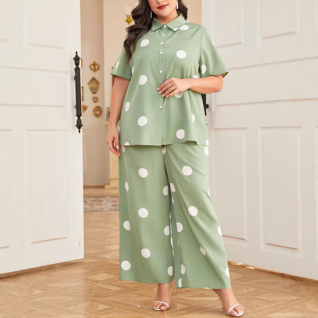 Plus Size Polka Dot Print Loose Shirt & Straight Casual Pants Set