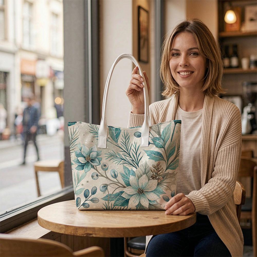 Winter Floral Print Tote Bag Elegant Daily Carry Shoulder Bag Casual Shopping Handbag for Women