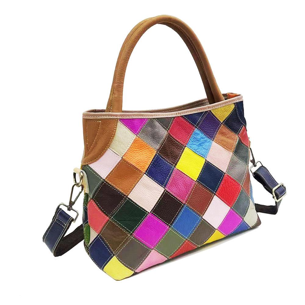 Lederhandtasche Farbiges Rindsleder Rhombus Splicing Schulter Messenger Bag Leder Plaid Bag
