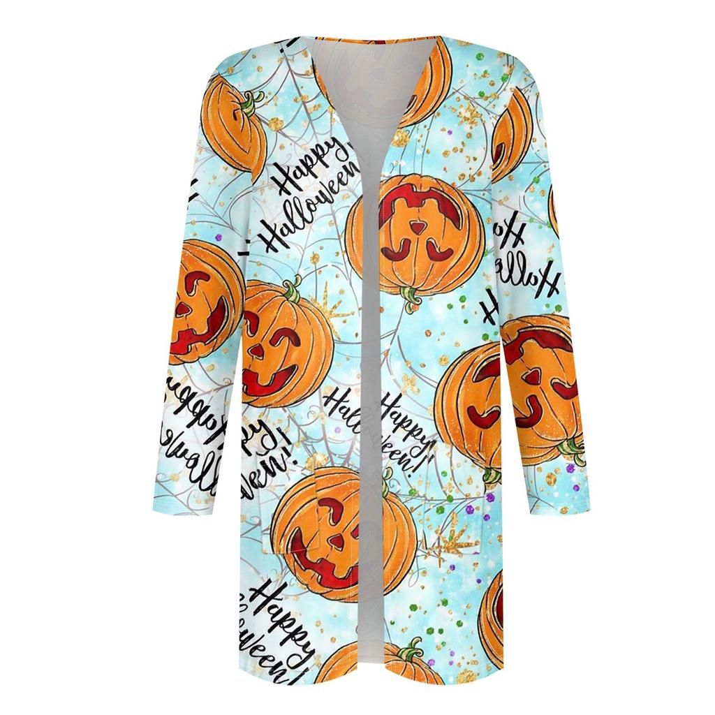 Women's Fashion Casual Halloween Printed Medium Length Cardigan Jacket Coat