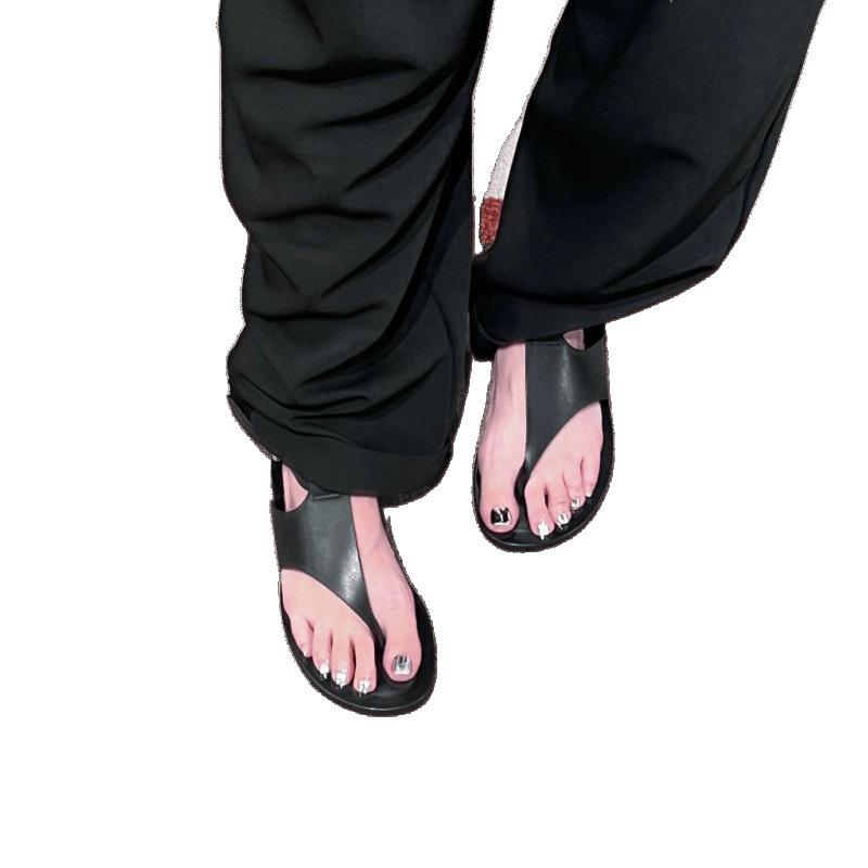 Niche Pinch Foot One-word Buckle with Roman Sandals Women's Retro Bevel Cover Ugly Flat Bottom Cool Slippers Women