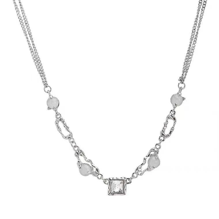 Spice Girls Must Have Moonstone Square Diamond Necklace Women'S Light Luxury High-End Collarbone Chain Trendy Temperament Versatile Neck Chain
