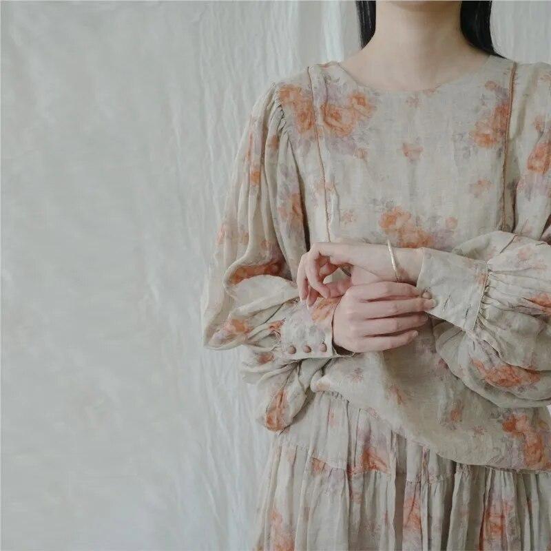 Johnature Women Print Floral Vintage Linen T-Shirts Puff Sleeve O-Neck Loose Tees Autumn Chinese Style Women T-Shirts