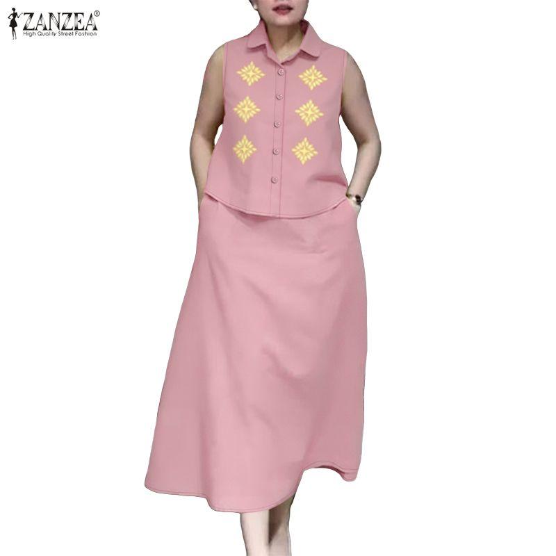 ZANZEA Women Sleeveless Print Vest Tops and Long Skirts Summer Two Piece Suit Sets