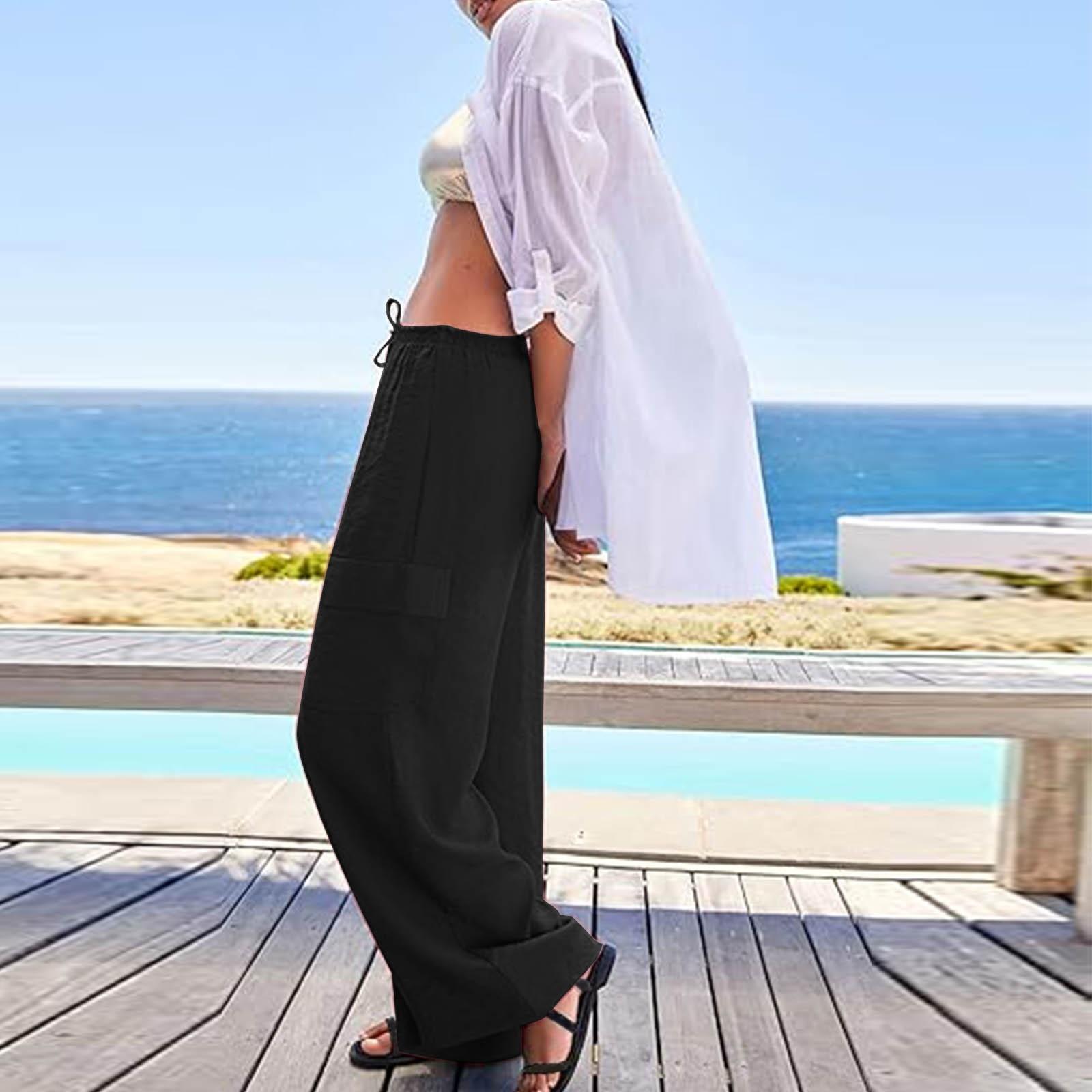 Women s Fashion Color High Waist Straight Leg Pants Drawstring Pocket Casual Pants S