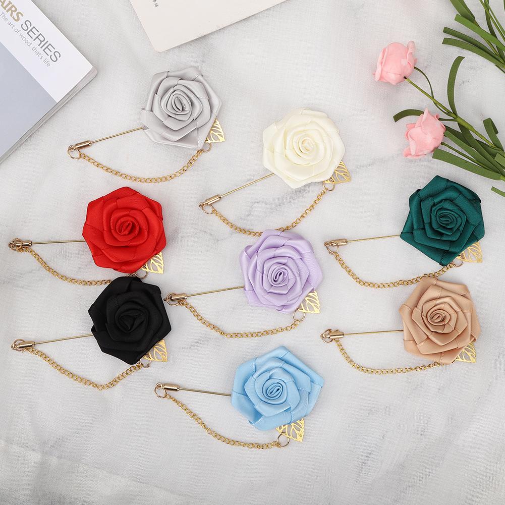 8PCS Simple Beautiful Ribbon Metal Golden Leaf Chain Bridal Rose Flower Brooch Pin Decoration