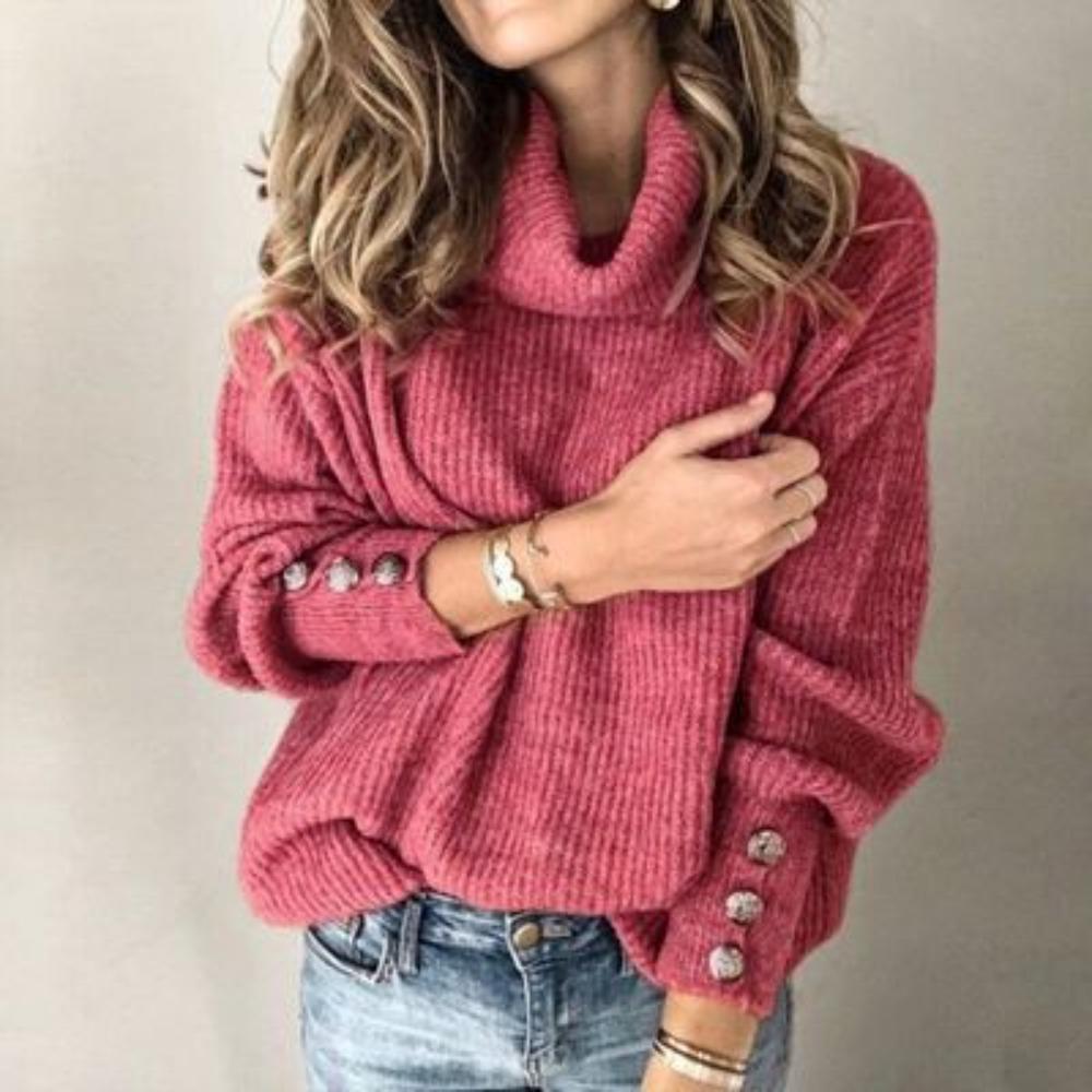 Women's Turtleneck Long Sleeve Knit Sweater Straight Fit Solid Color Button Cuff Casual Pullover Top