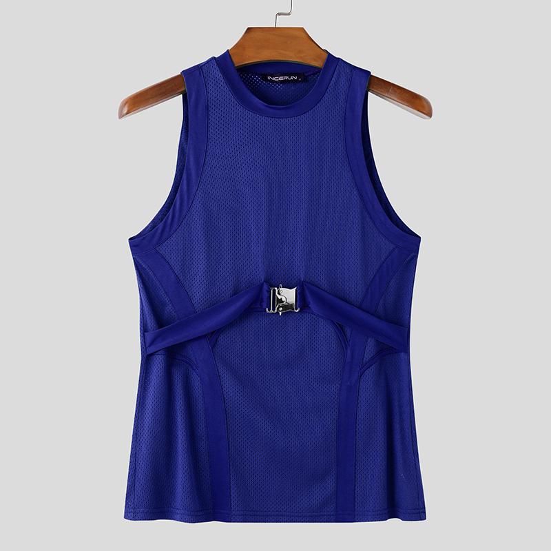 

INCERUN Men Summer O Neck Sleeveless Patchwork Stretch Casual Sport Hollow Tank Tops 2XL синий