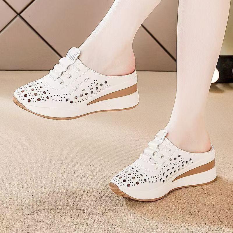 Slope heel thick-soled walking shoes women's new models in the summer of 2026, hollow, comfortable and breathable casual shoes, pedaling lazy shoes