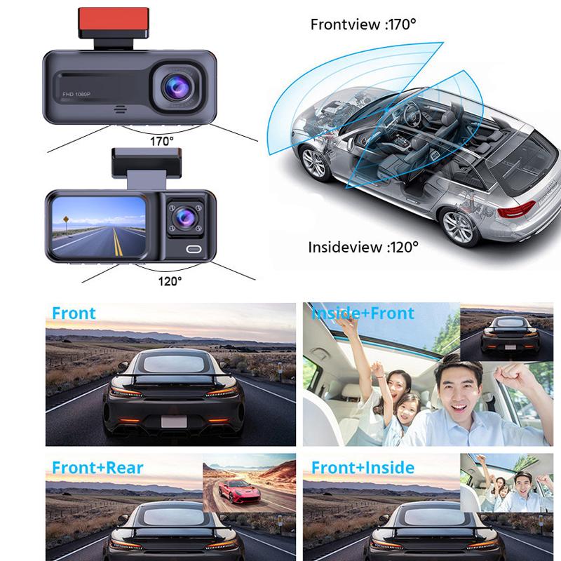 3 Camera Lens Car DVR 3-Channel Dash Cam HD 1080P Dash Camera Dual Lens Dashcam Video Recorder 2.0 inch IPS Screen