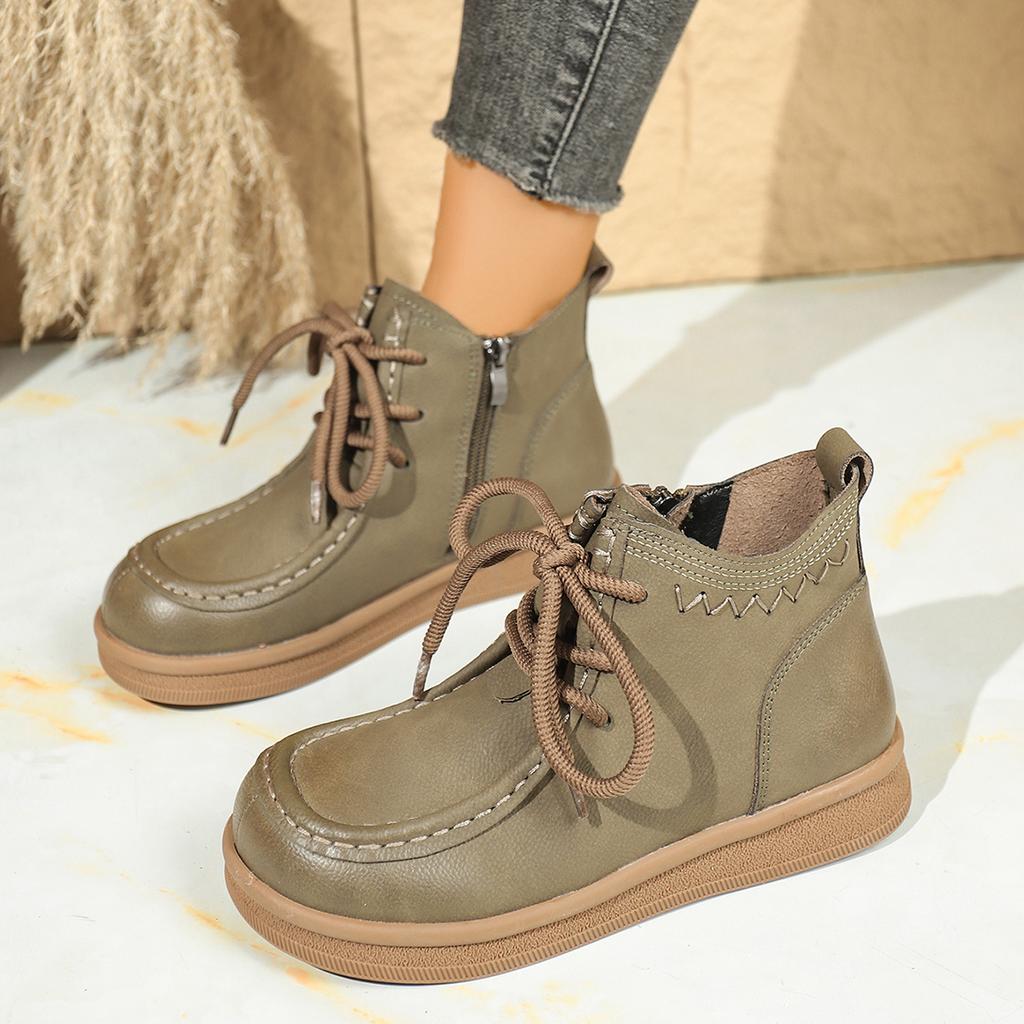 2025 New British-style lace-up ankle boots for women, round-toed flat, large-sized, anti-slip and comfortable ankle boots