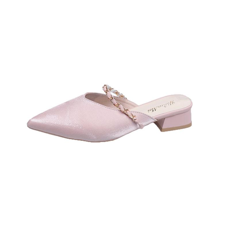 Hot Selling Square Heel Pink Slides Cover Shoes Woman 2025 Low Female Mule Slippers Heels Block Pointed  High Pumps Heel Shoes