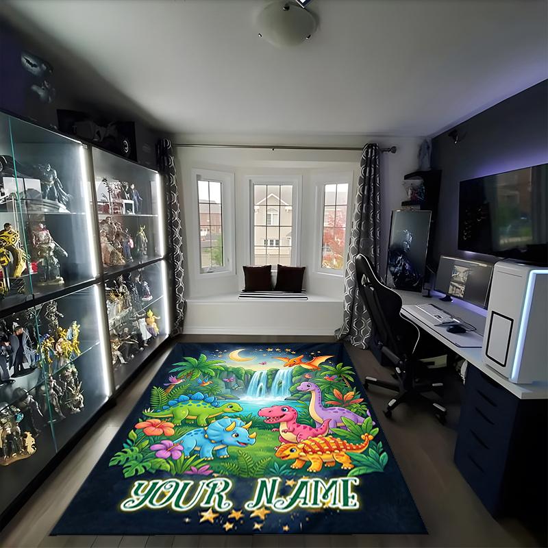 1PC Custom Name Dinosaur Adventure Tapestry Theme Floor Mat Ideal for Living Room, Game Rooms, Office, Bedroom,Floor Mat Playful Design