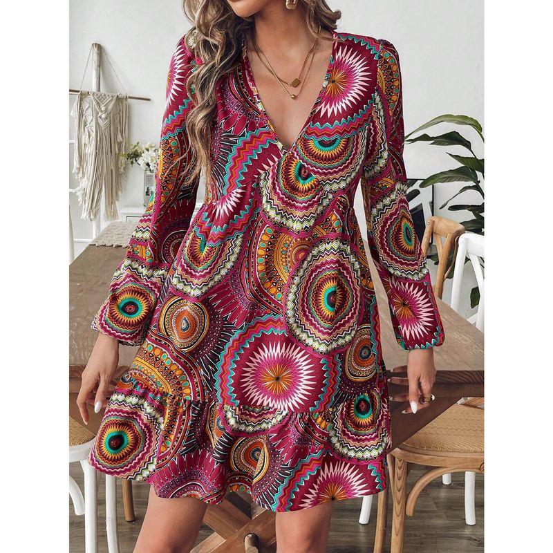 

Fashion Style Fashion Women s Wear Summer New Arrival Printed V-neck Dress Loose Slim Looking Elegant Long Dress Tide Red Color S