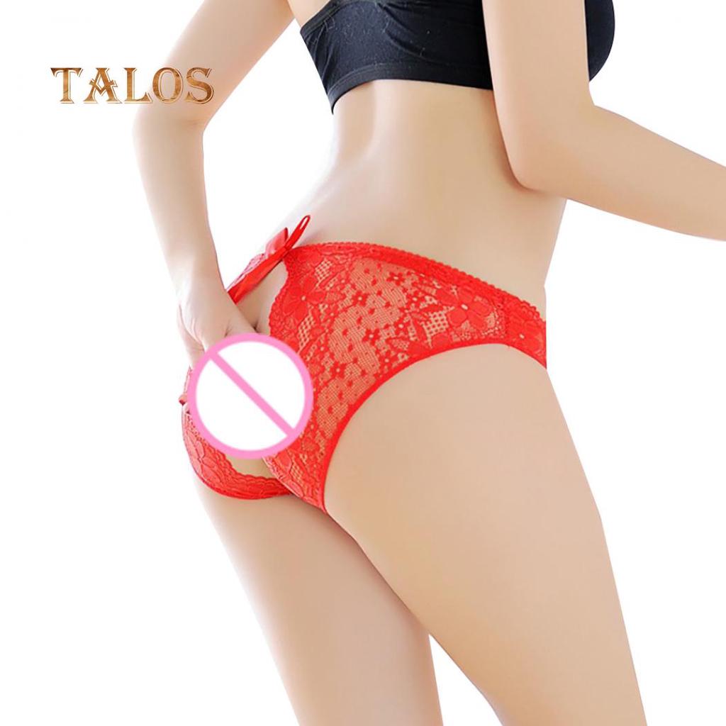 Sexy Crotchless Floral Lace See-through Panties Women Bowknot Briefs Underwear Female Clothing