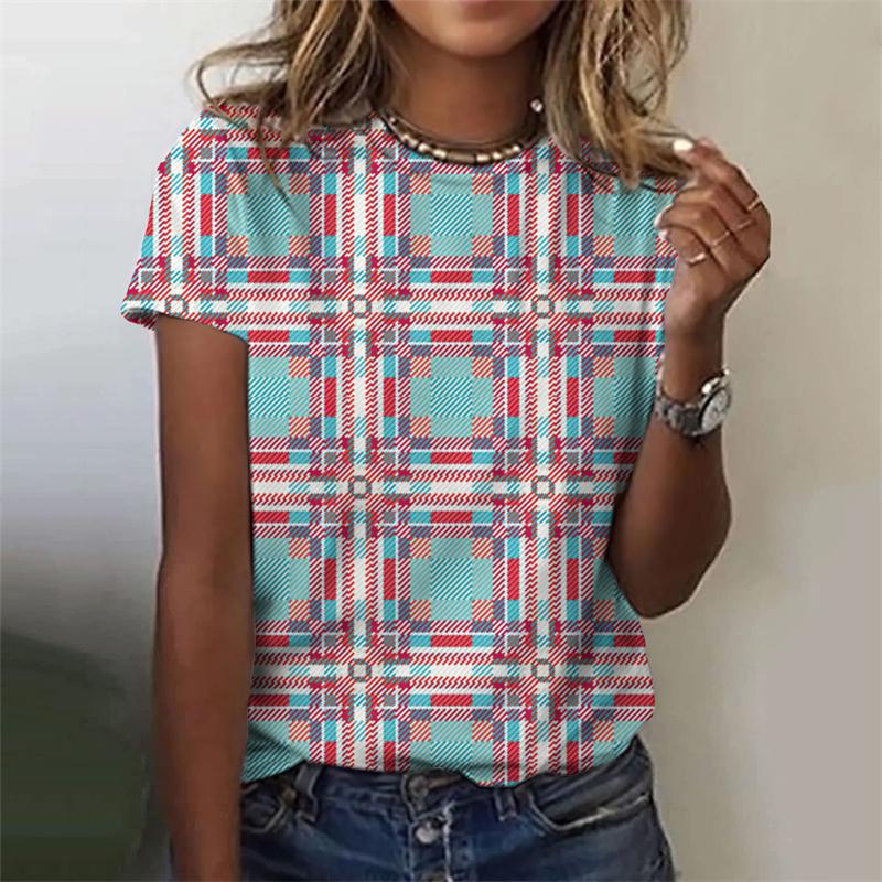 Tricou în carouri amuzant imprimat 3D pentru femei Tricouri grafice cu geometrie colorată Vară Harajuku Topuri cu gâtul O Tricouri cu mâneci scurte