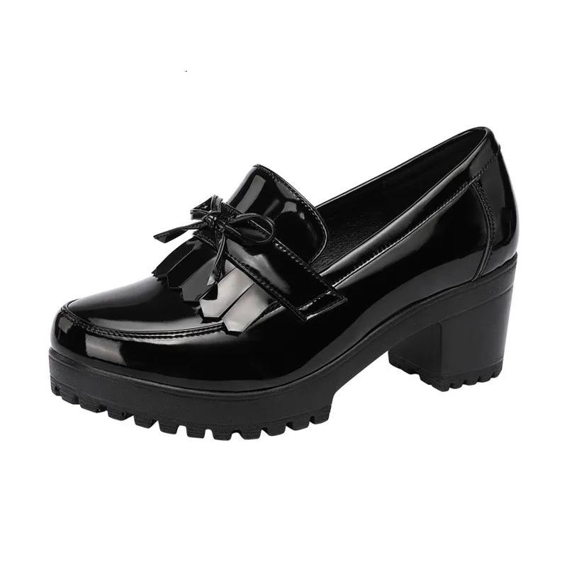 6cm Small Size 33-43 Tassel Med Block Heels Pumps Women Patent Leather Shoes 2025 Thick Bottom Platform Shoes Office Mom Model