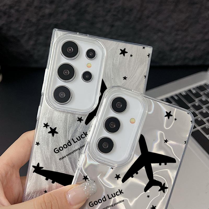 Airplane Pattern Sparking Glitter Slim Phone Case For Samsung S25 Ultra S24 FE S23 A16 A56 A36 A55 TPU Clear Soft Edge Shockproof Hard PC Bumper Cover