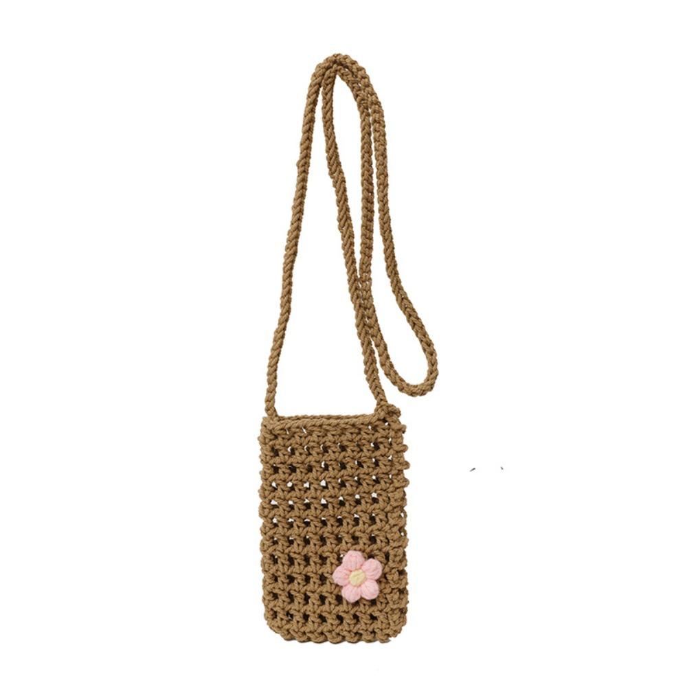 Sweet Flower Weaving Crossbody Bag Hollow Square Crochet Phone Bag Solid Handmade Knitted Messenger Bag Outdoor