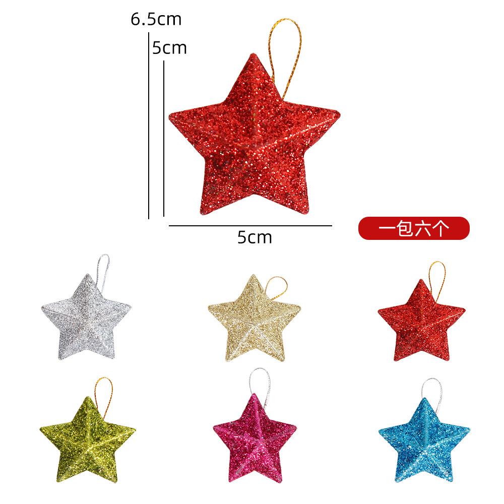6Pcs Christmas Ornament Gold Powder Pentagram Pendant Christmas Tree Decoration Gold Three-dimensional Star Pendant