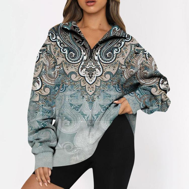 Women's Fashion Casual Oversized Drop Shoulder Floral Print Long Sleeve Zipper Sweatshirts Outdoor