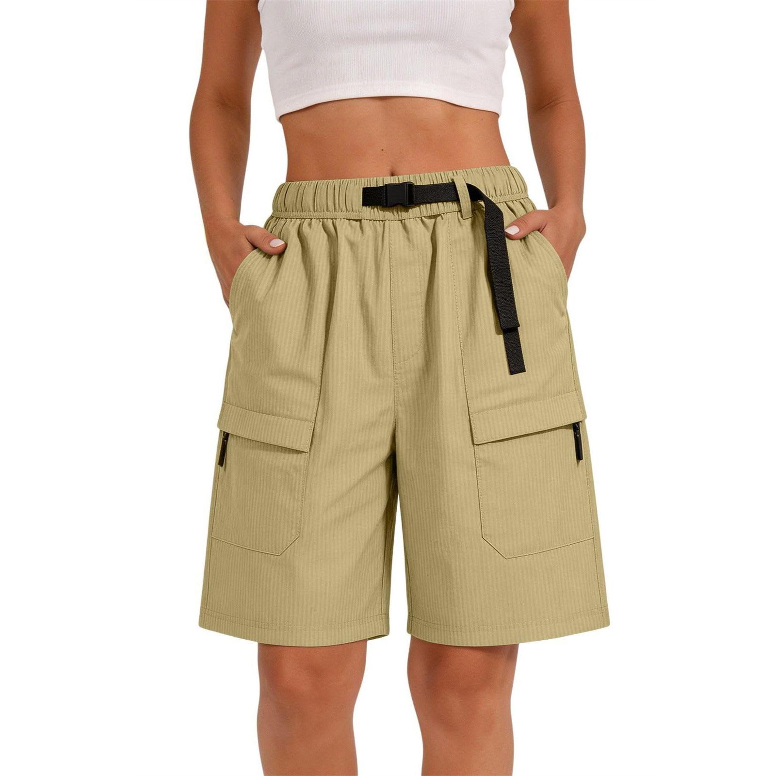 

Women Loose Fit Straight Leg Multi Pocket Cargo Shorts with Adjustable Waist Belt Casual Outdoor Summer Bottoms M хаки