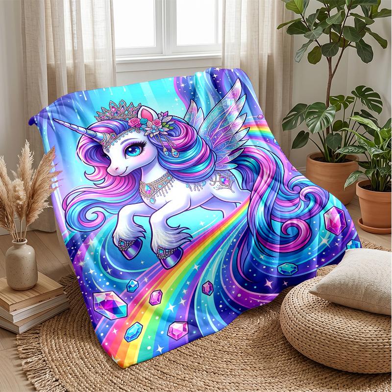 Rainbow Gem Unicorn Theme Blanket Lightweight Warm Flannel Blanket Decorative Throw Blanket for Home Decoration