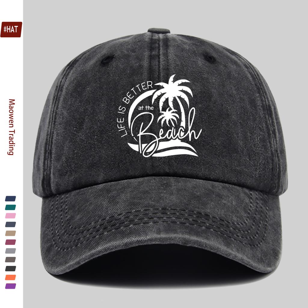 Pc Vintage Beach Vacation Print Baseball Cap Sweet Vacation Style Decorative Papa Hat Trucker Sun Hat Washed Buckle Strap Ad