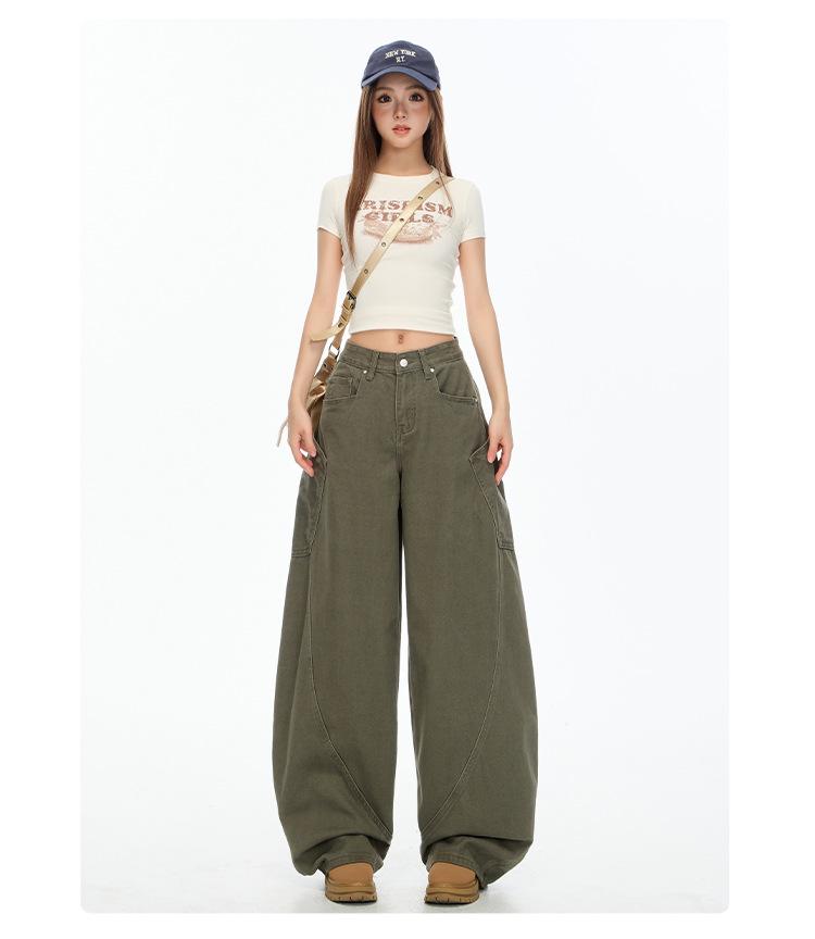 Autumn Khaki Scimitar High-Street Drapey Wide-Leg Jeans for Women