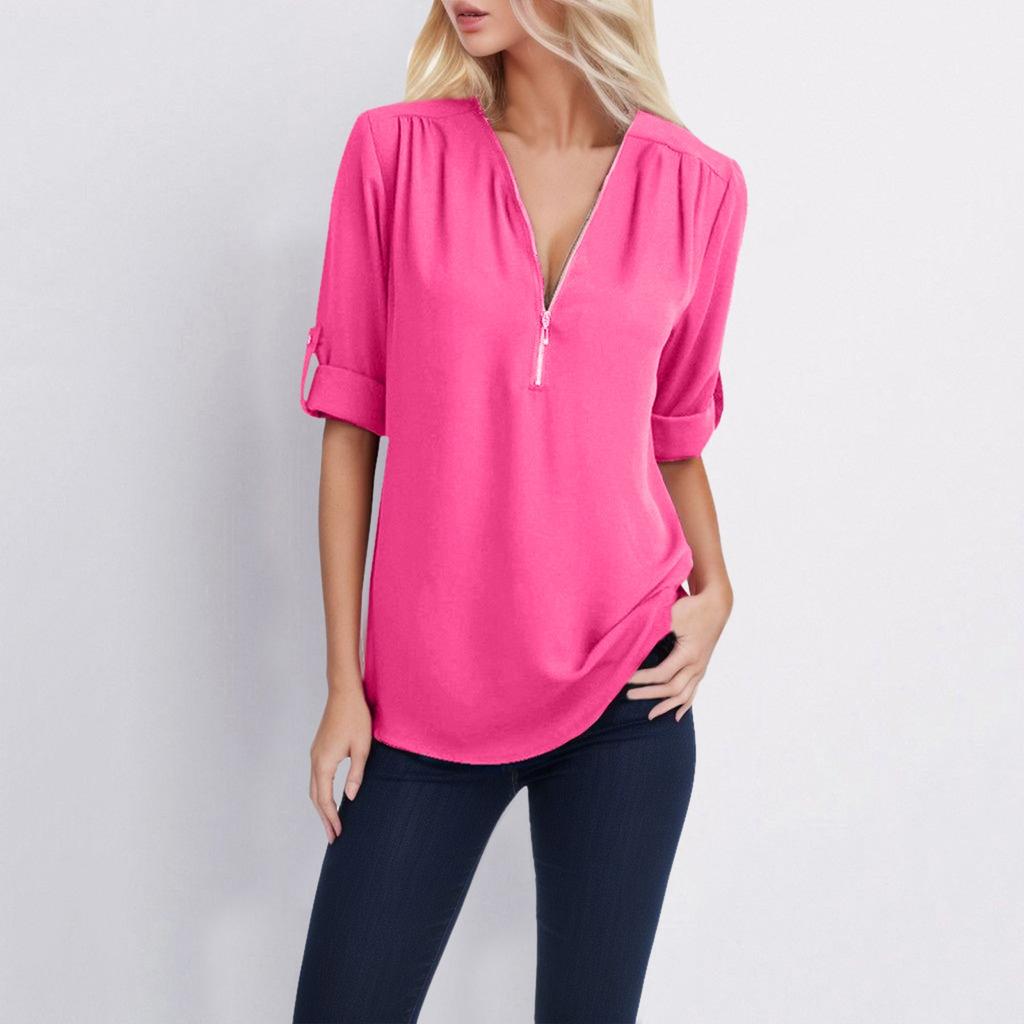 Summer and Autumn Shirt V-neck Zipper Large Size Women's Long Sleeve Can Roll Sleeve Short Sleeve Loose Shirt