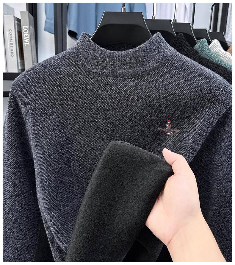 Men's Anti-Pilling Embroidered Chinchilla Velvet Knit Sweater - Thickened, Warm, Lightweight Autumn/Winter Sweater