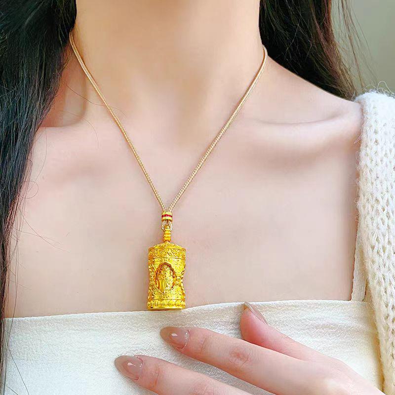 Gold Four-Faced Buddha Prayer Wheel Pendant with Rotatable Sand Gold Barrel Chain