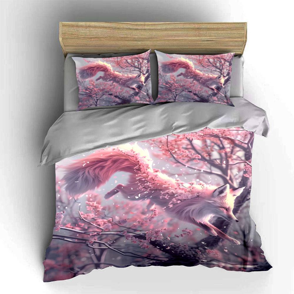 Pink Fox Cherry Blossom Decor Bedding Set with 1 Duvet Cover 2 Pillowcases Single Double King Queen, Gift