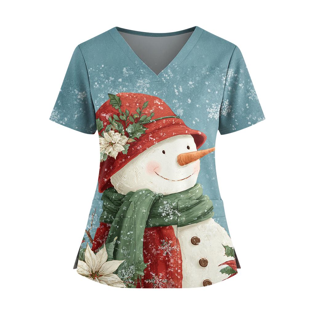 Dámský vánoční potištěný top s výstřihem do V, dvěma kapsami, krátkým rukávem, rozparkem na lemu, uniforma pro pečovatelky