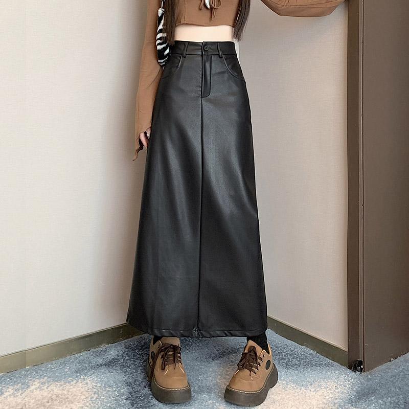 

Кожаная юбка трапециевидного силуэта с разрезом для женщин, осень-зима, черная юбка-миди из искусственной кожи с высокой талией, черная корейская модная женская одежда XL чёрный