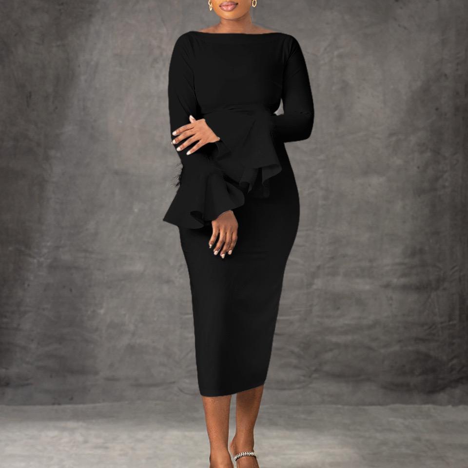 Office Ladies Dresses Elegant o Neck Flare Sheath Package Hips Mid Calf Formal Business Work Wear Dress Robe