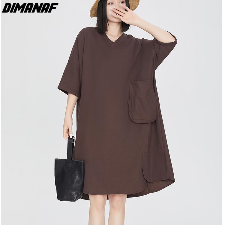 

DIMANAF 2023 Летнее платье-футболка больших размеров Женское свободное платье Сплошное повседневное платье с V-образным вырезом с короткими рукавами Карман для платья