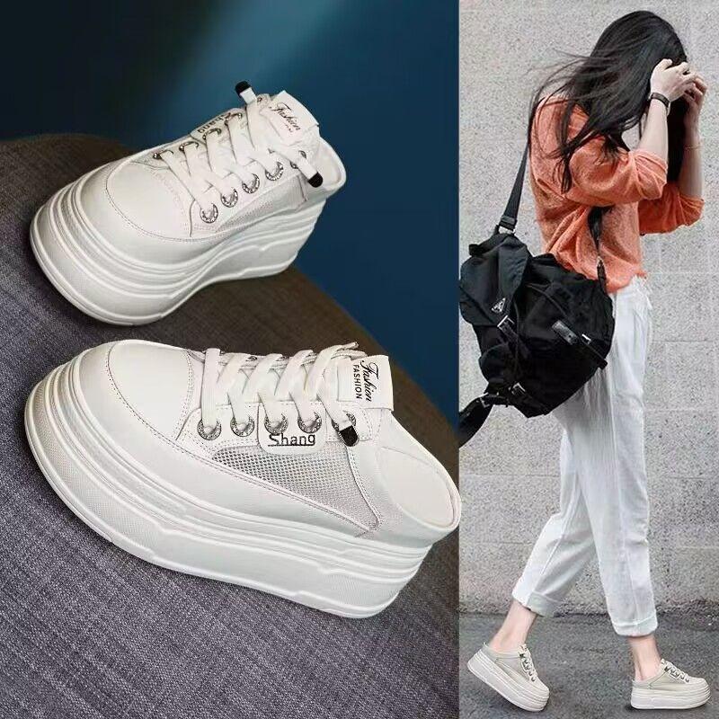 Casual Shoes 2025 Summer Hot Item Mesh Half Drag White Shoes Women's Casual Thick Soled Toe Cap Women's Shoes