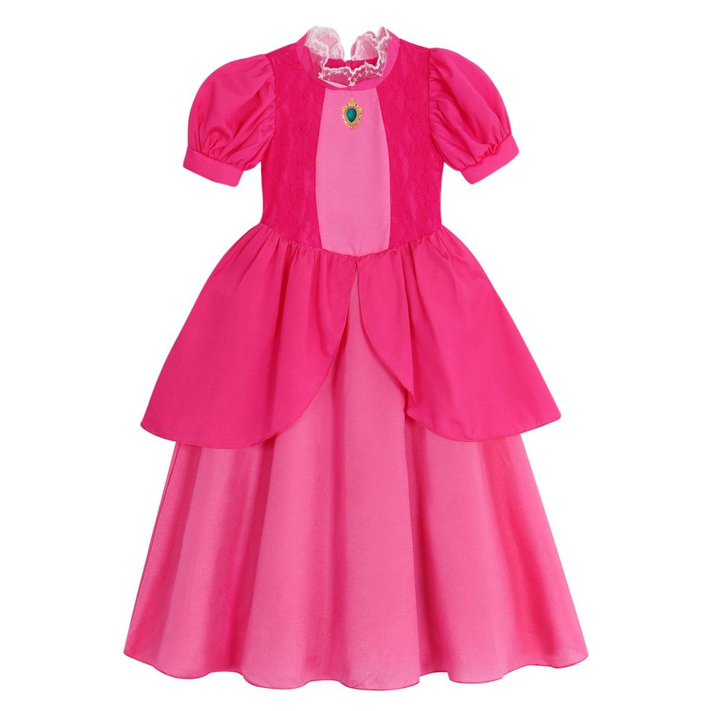 Peach Princess Dress Set - Polyester Fabric Halloween Christmas Carnival Cosplay Costume with Gloves and Crown Rose Pink 120 Cm