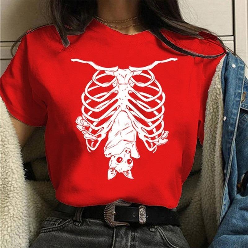 Bat Skull Skeleton Print Women T Shirt Short Sleeve O Neck Loose Women Tshirt Ladies Tee Shirt Tops Clothes Camisetas Mujer