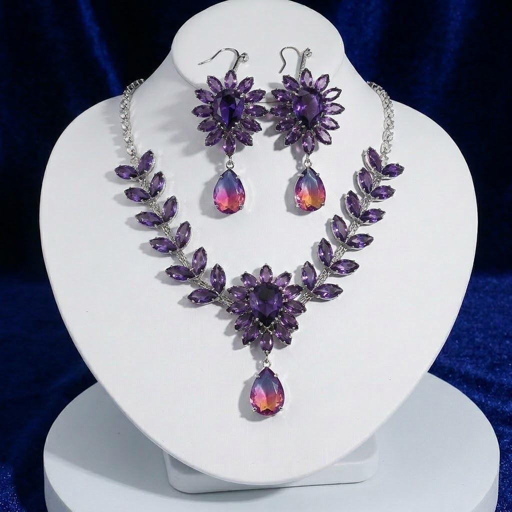 European & American Style Zircon Purple Plum Blossom Necklace & Earrings Set for Women