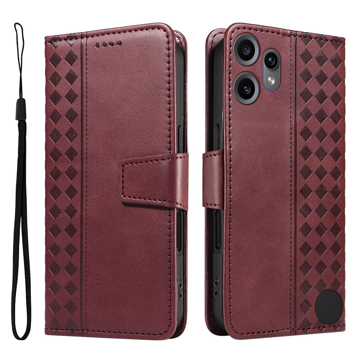 

For Nothing CMF Phone 2 Pro Leather Case Wallet Stand Grids Imprinted Phone Cover with Strap Wine Red