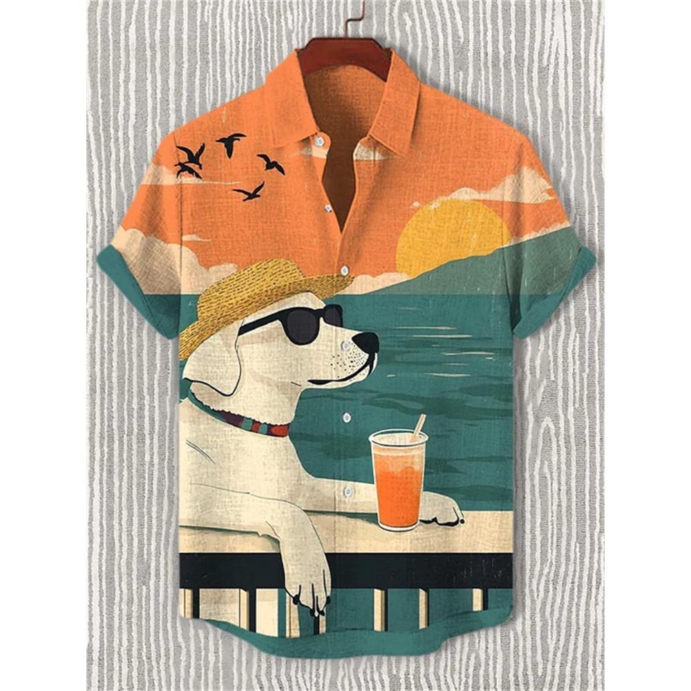 Men's Summer Fashion Printed Short-Sleeve Shirt, Casual Retro Men's Trendy Lapel Casual Top, Hawaiian Shirt