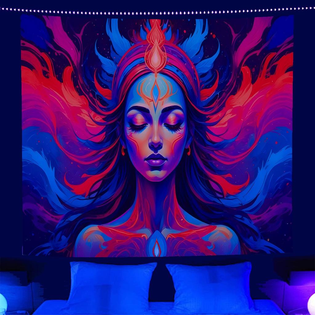 Fantasy Treehouse Blacklight Tapestry UV Reactive Forest River 2D Flat Printed Peach Skin Wall Hanging Party Backdrop Room Decor